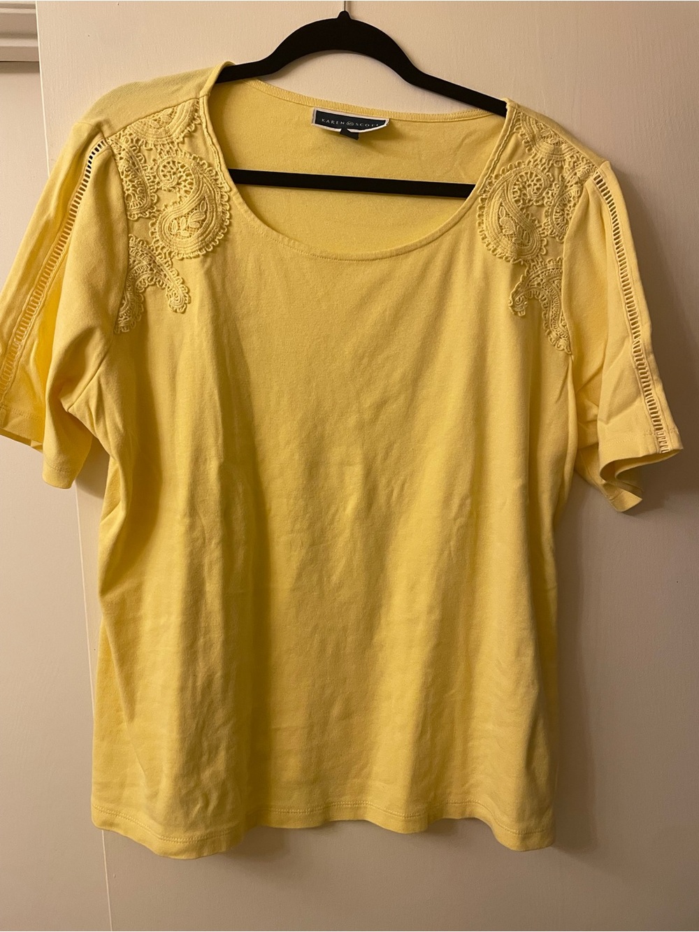 Karen Scott Yellow Short-Sleeve Tee with Shoulder Embroidery
